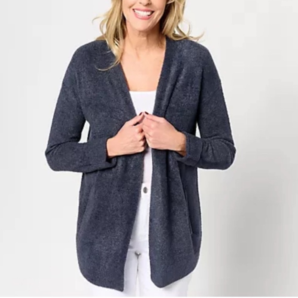 NEW Barefoot Dreams CozyChic Lite Indigo Blue Grey Coastline Open Cardigan S
